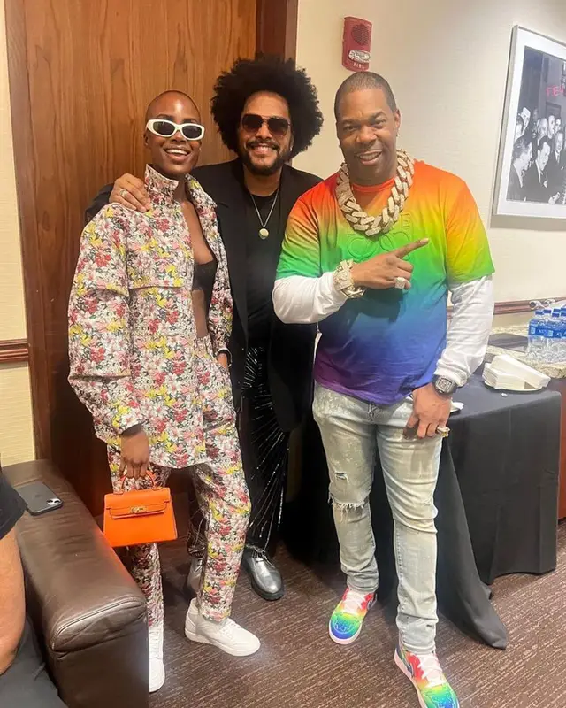 Busta Rhymes outfit in Louis Vuitton, Loewe, and Purple Brand, 2023