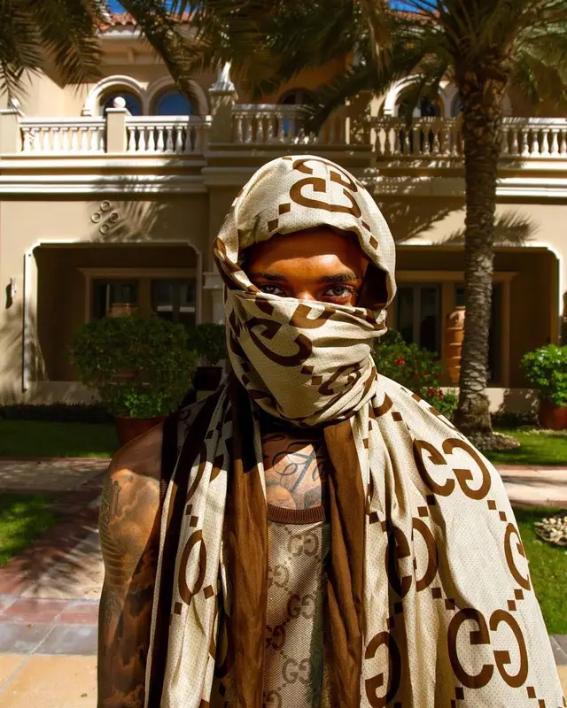 NLE Choppa outfit in Gucci and Off-White, 2023