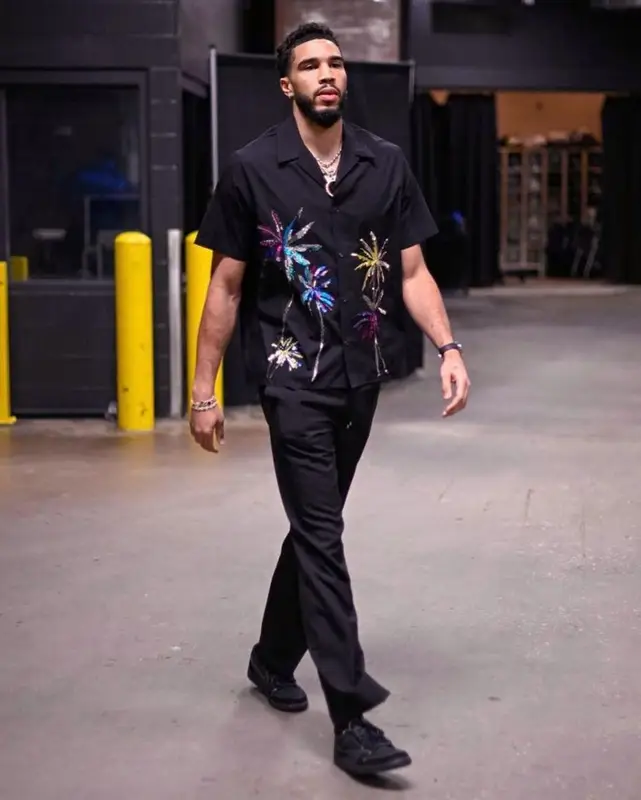 Jayson Tatum outfit in Valentino, Nike, and Travis Scott Merch, 2023