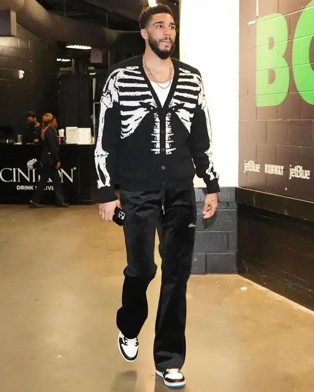 Jayson Tatum outfit in Nike, Travis Scott Merch, and Fragment Design, 2023