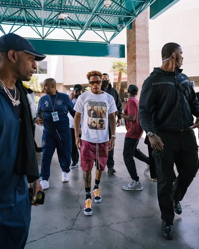 Devin Haney outfit in Vintage, Enfants Riches Deprimes, and Jacques Marie Mage, 2023