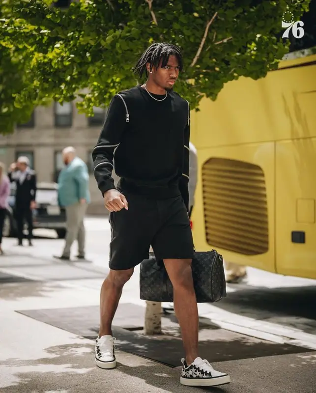 Tyrese Maxey outfit in Alexander McQueen, Amiri, and Louis Vuitton, 2023