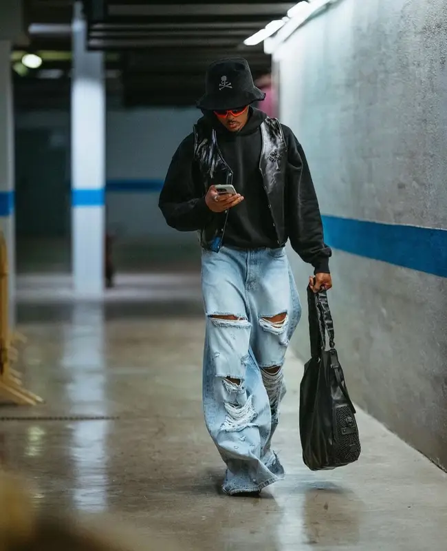Jules Kounde outfit in Vetements, Balenciaga, and Mastermind, 2023
