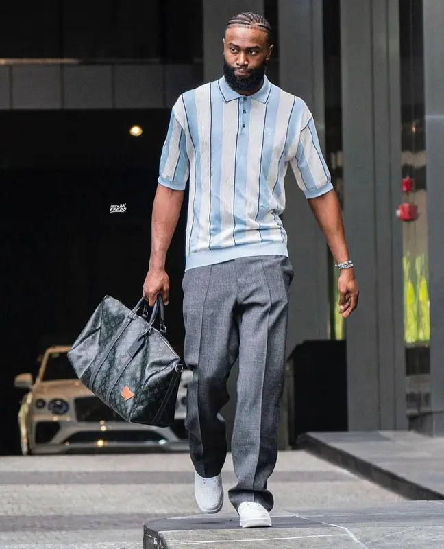 Jaylen Brown outfit in Prada, Nike, and Louis Vuitton, 2023