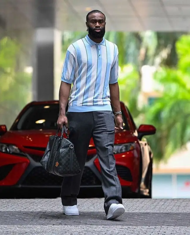 Jaylen Brown outfit in Prada, Nike, and Louis Vuitton, 2023