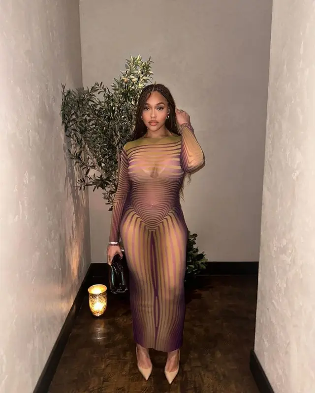 Jordyn Woods outfit in Bottega Veneta, Jean Paul Gaultier, and Christian Louboutin, 2023