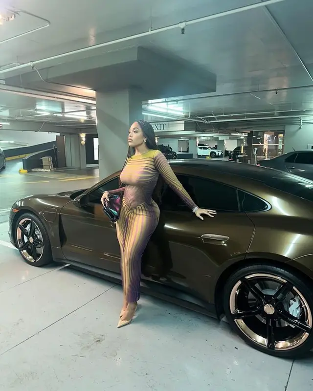 Jordyn Woods outfit in Bottega Veneta, Jean Paul Gaultier, and Christian Louboutin, 2023