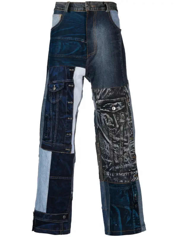 AGR Knit Blue Patchwork-Design Straight-Leg Jeans $863