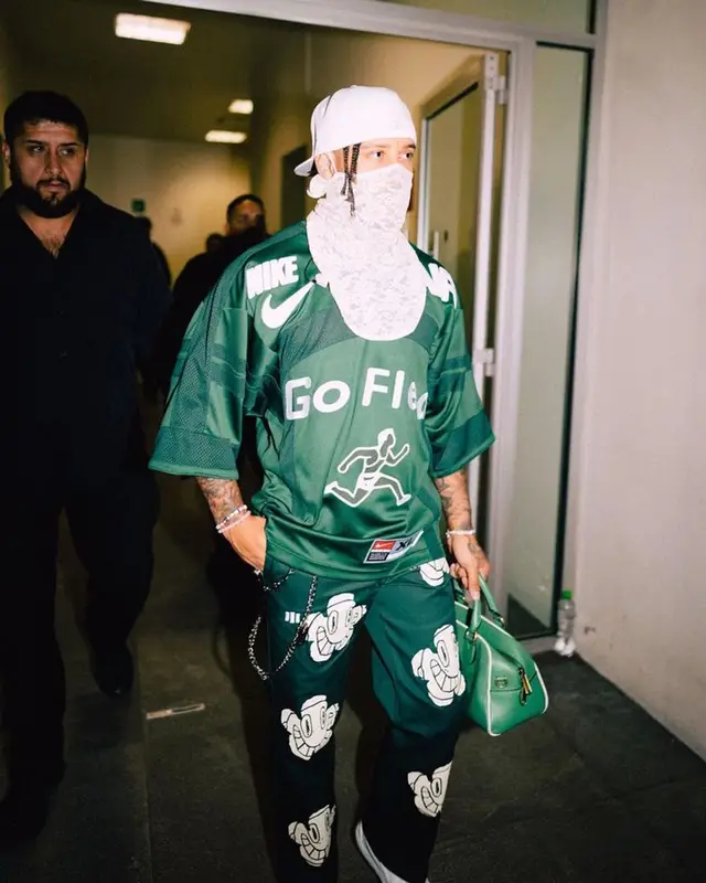 Jhay Cortez outfit in Nike, New Era, and Cactus Plant Flea Market, 2023
