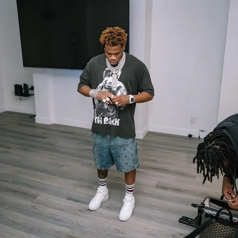 Devin Haney outfit in Louis Vuitton, Rick Owens, and Chrome Hearts, 2023