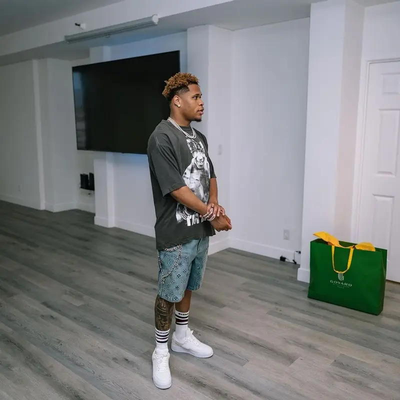 Devin Haney outfit in Louis Vuitton, Rick Owens, and Chrome Hearts, 2023