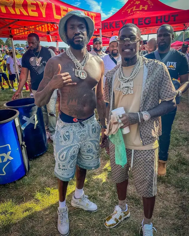 Meek Mill outfit in Jordan and Amiri, 2023