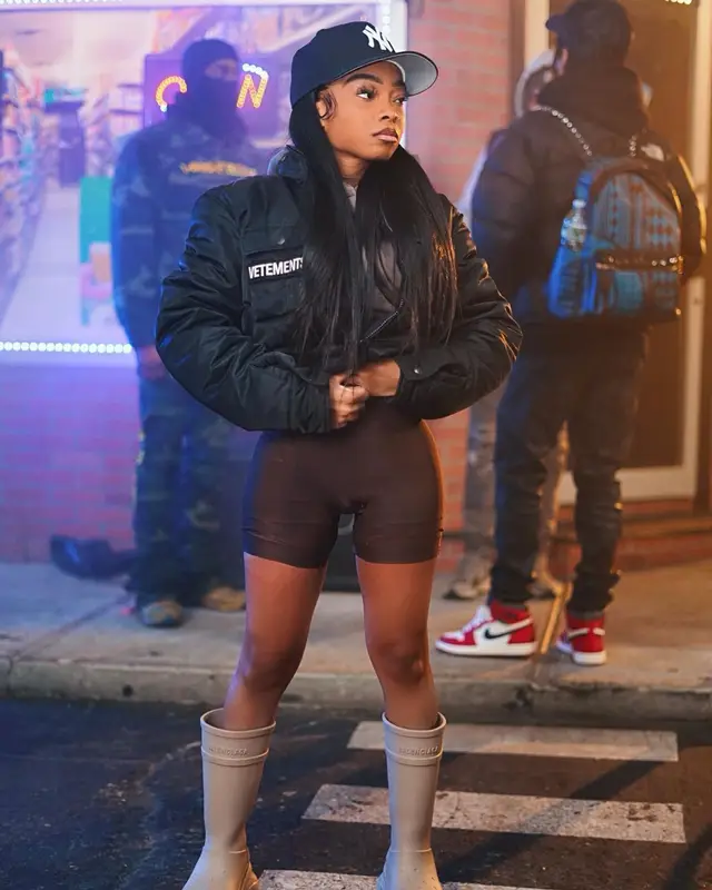 Lola Brooke outfit in Vetements, Skims, and New Era, 2023