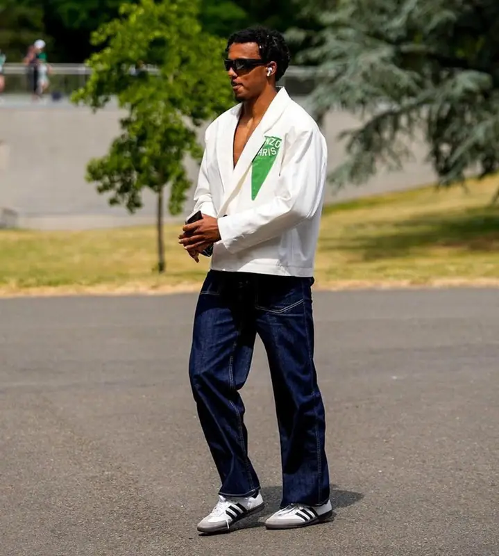Jules Kounde outfit in Kenzo, Adidas, and Oakley, 2023