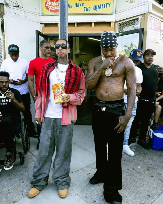 Tyga outfit in Vetements, Timberland, and Bottega Veneta, 2023