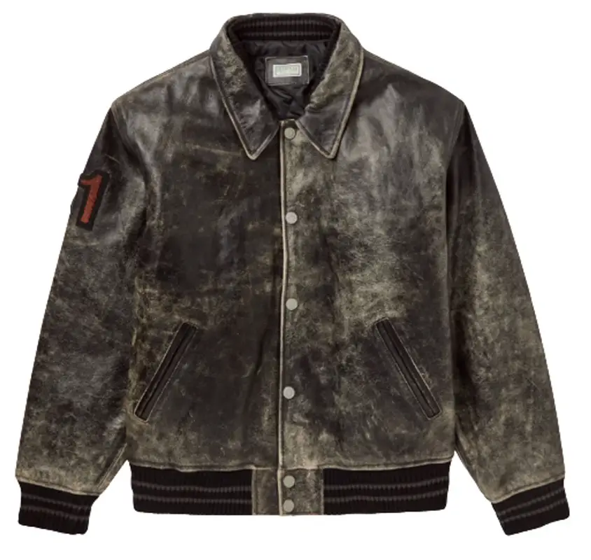 Guess Black Appliquéd Distressed Leather Varsity Jacket $985