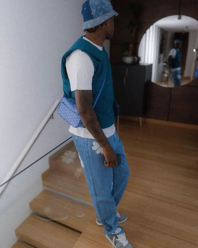 Rafael Leao outfit in Off-White, Goyard, and Marine Serre, 2023