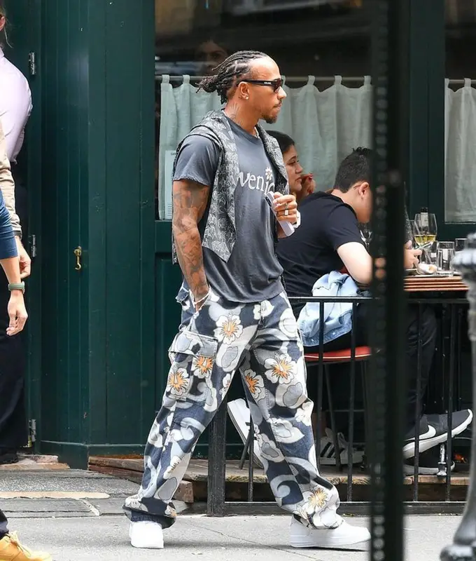 Lewis Hamilton outfit in ERL, Nike, and Celine, 2023