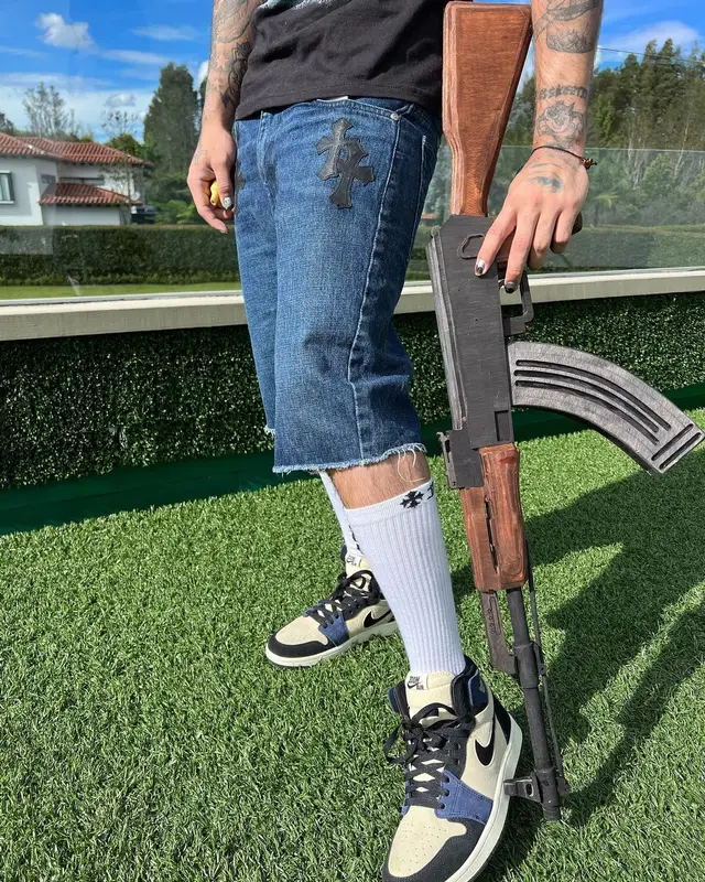 Lil Pump outfit in Lex Cheese Burgers, Chrome Hearts, and Nike, 2023