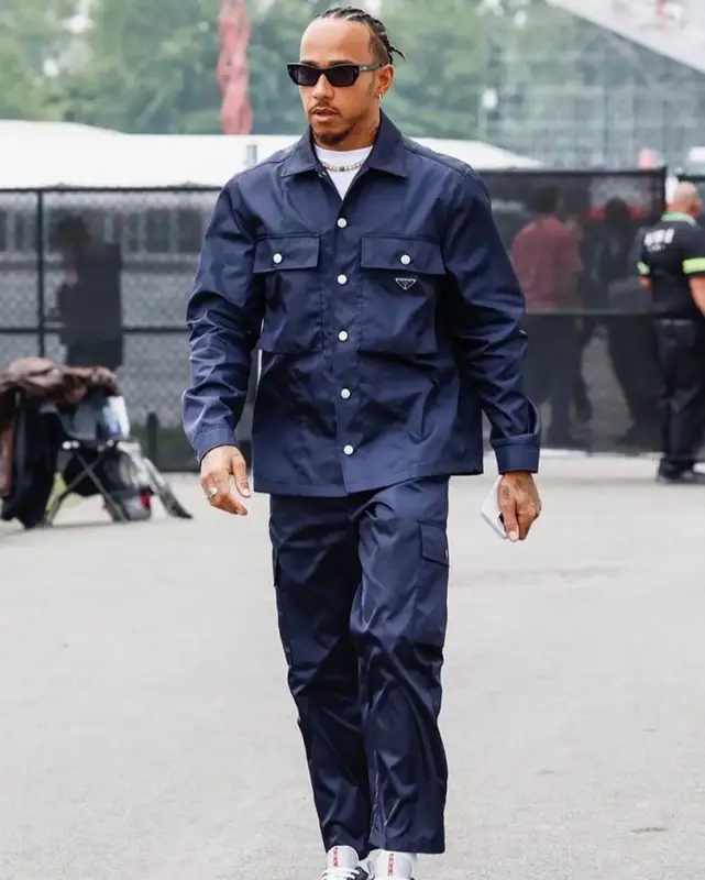Lewis Hamilton outfit in Prada and Kenzo, 2023