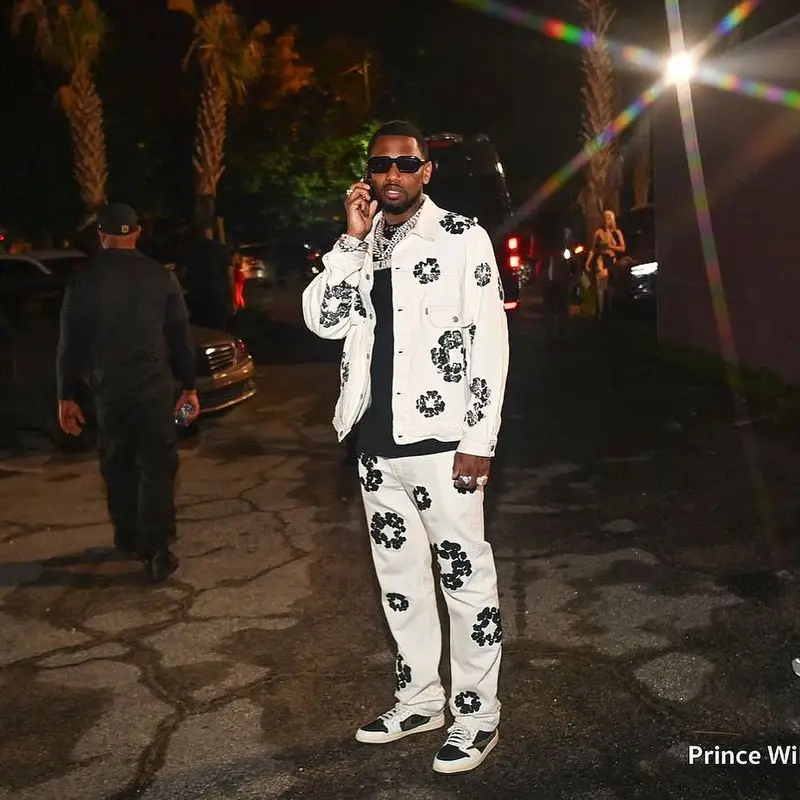 Fabolous outfit in Denim Tears, Jordan, and Retrosuperfuture, 2023