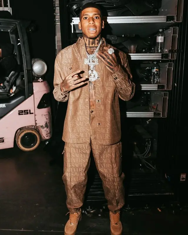 NLE Choppa outfit in Versace and Nike, 2023