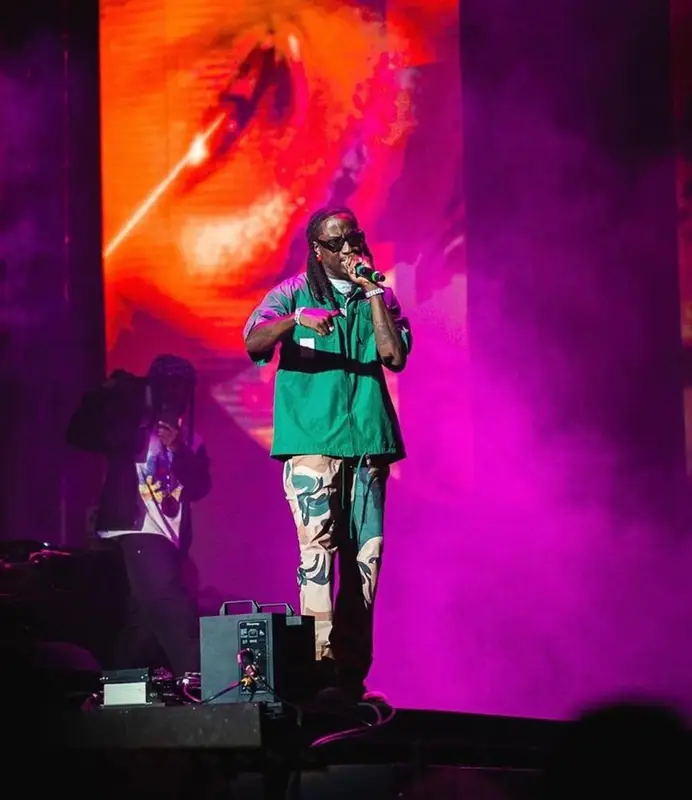 K Camp outfit in Tier, Rick Owens, and Akila, 2023