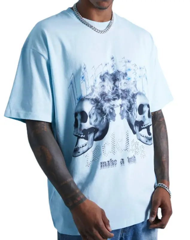 BooHooMan Light Blue Oversized Skull Graphic T-Shirt $37