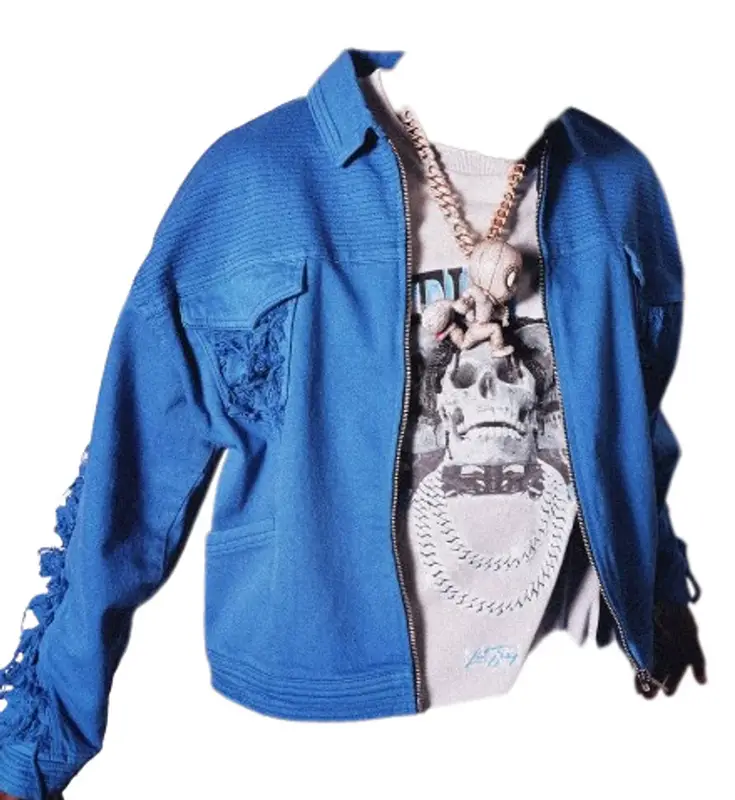 BooHooMan Blue Oversized Boxy Fit Extreme Rip Denim Jacket $70