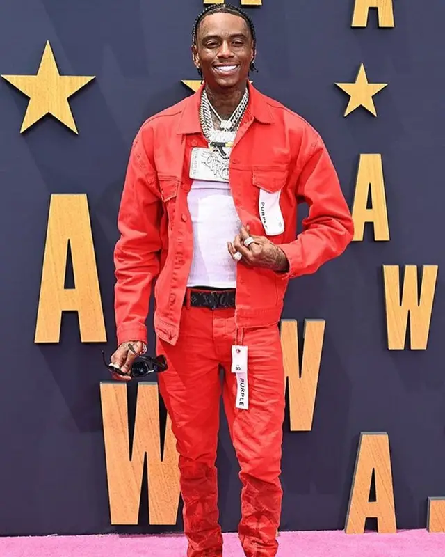 Soulja Boy outfit in Purple Brand, Ray-Ban, and Louis Vuitton, 2023