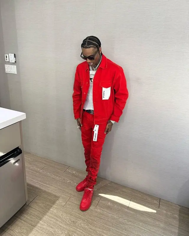 Soulja Boy outfit in Purple Brand, Ray-Ban, and Louis Vuitton, 2023