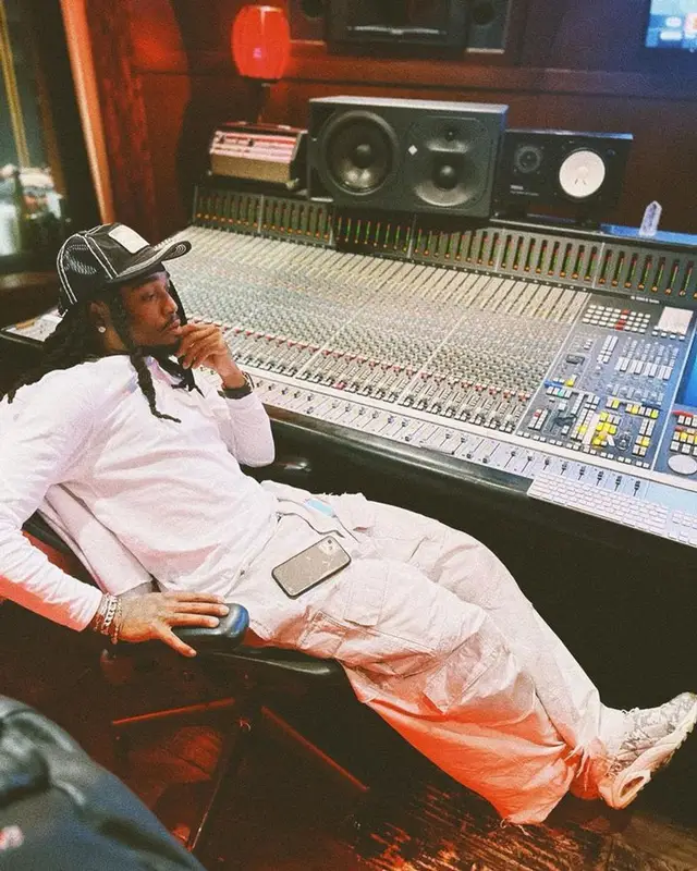 Quavo outfit in Balenciaga, Nike, and True Religion, 2023