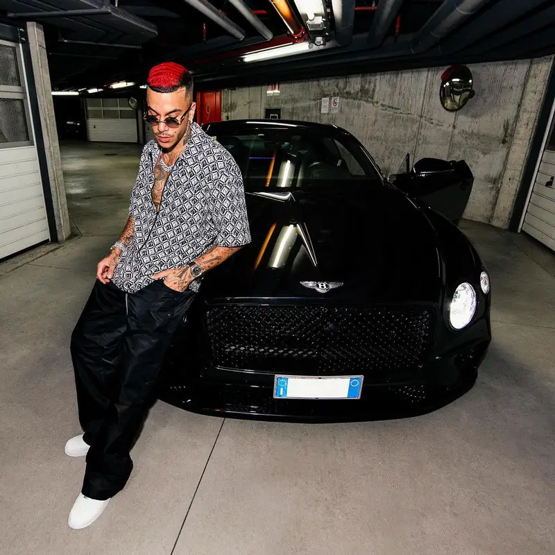 Sfera Ebbasta outfit in Marine Serre, Nike, and Chrome Hearts, 2023