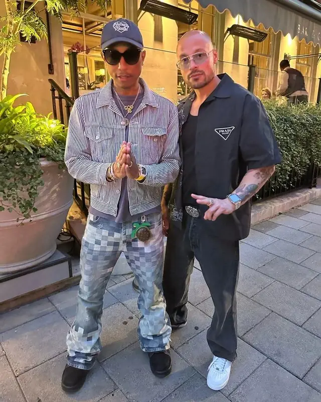 Pharrell Williams outfit in Levi’s, Louis Vuitton, and Human Made, 2023