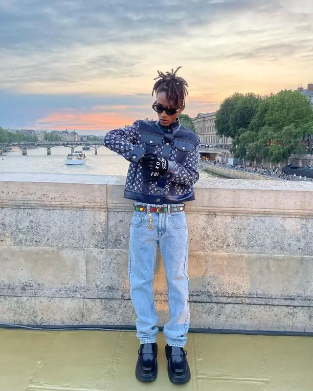 Jaden Smith outfit in Louis Vuitton and Fox Racing, 2023