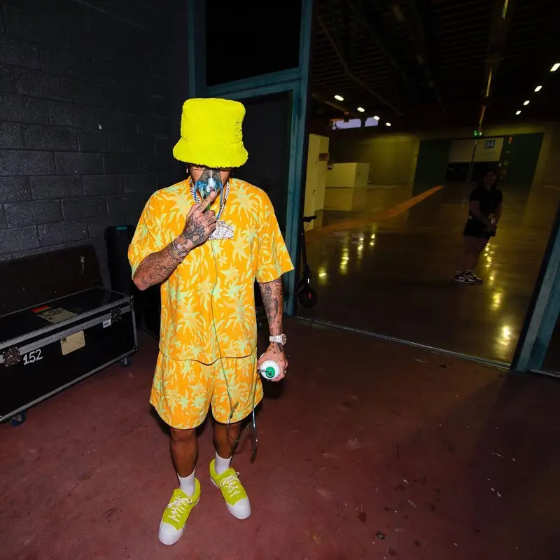 Sfera Ebbasta outfit in No Vacancy Inn and Marni, 2023
