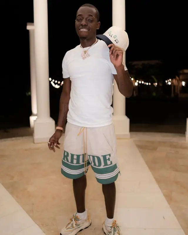 Bobby Shmurda outfit in Hanes, Rhude, and Basso, 2023