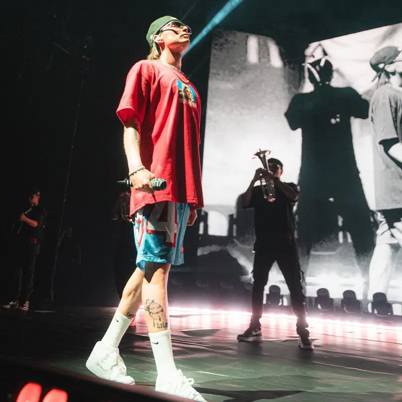 Peso Pluma outfit in Supreme and Nike, 2023