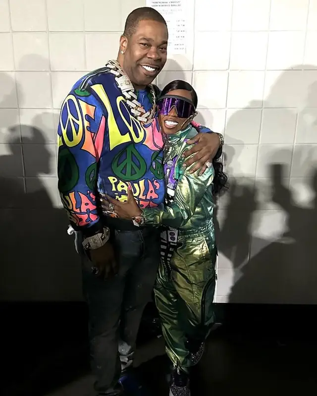 Busta Rhymes outfit in Loewe, Purple Brand, and Nike, 2023