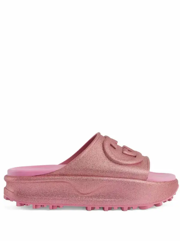 Gucci Miami Gg-embossed Glittered Rubber Platform Slides In Pink $650