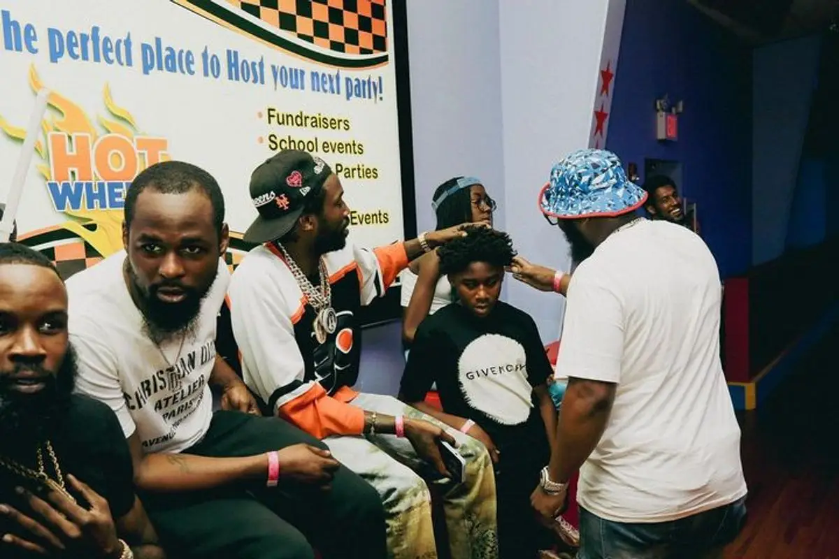 Meek Mill outfit in Philadelphia Flyers, Amiri, and Ceo Slow, 2023