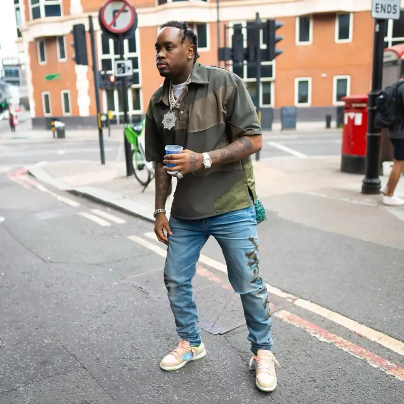 Fivio Foreign outfit in Who Decides War, Amiri, and Nike, 2023
