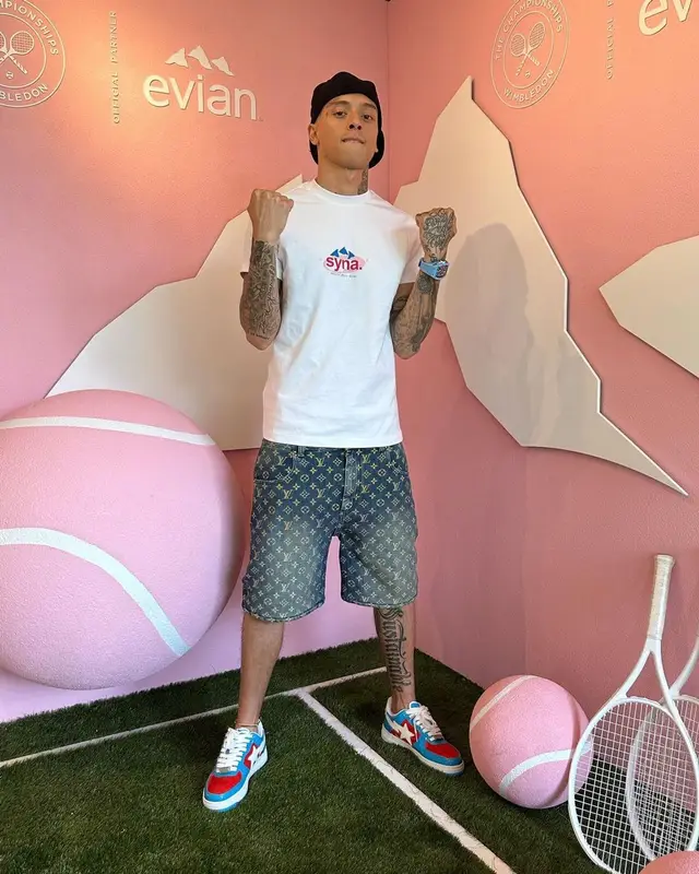 Central Cee outfit in Evian, Louis Vuitton, and Richard Mille, 2023