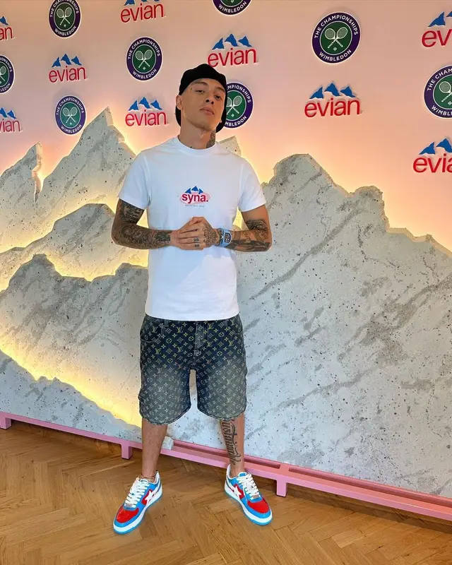 Central Cee outfit in Evian, Louis Vuitton, and Richard Mille, 2023
