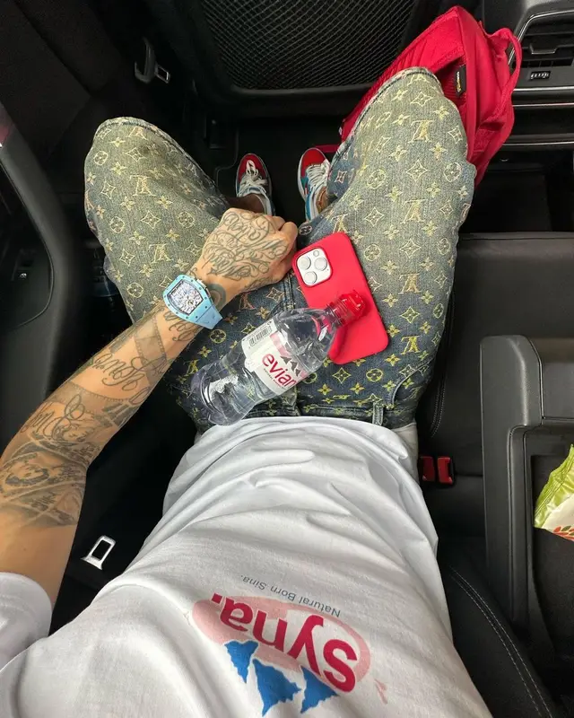 Central Cee outfit in Evian, Louis Vuitton, and Richard Mille, 2023