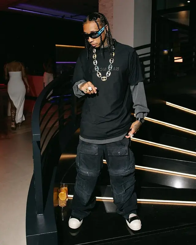 Tyga outfit in Balenciaga, Rick Owens, and Bottega Veneta, 2023