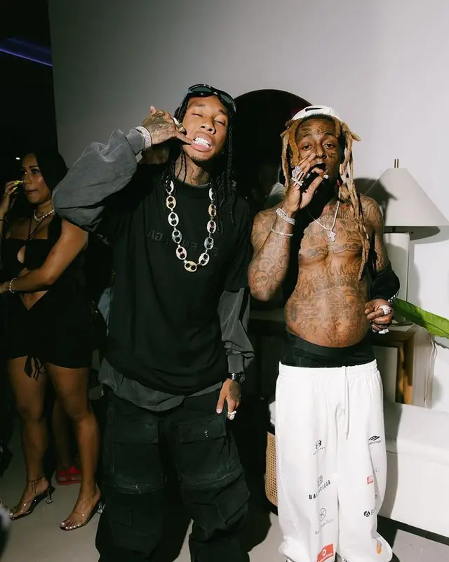 Tyga outfit in Balenciaga, Rick Owens, and Bottega Veneta, 2023