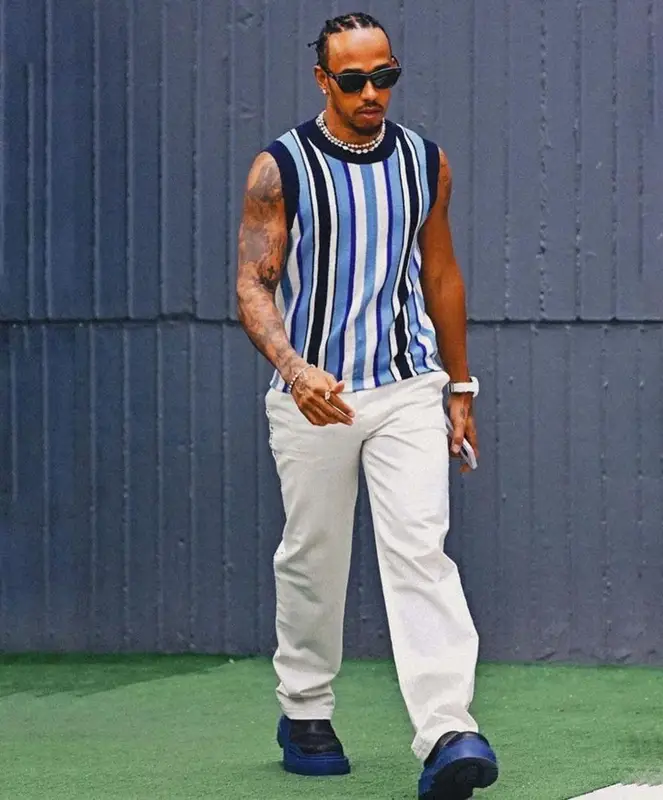 Lewis Hamilton outfit in Wales Bonner, Bottega Veneta, and Gentle Monster, 2023