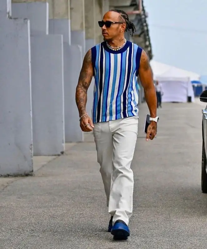 Lewis Hamilton outfit in Wales Bonner, Bottega Veneta, and Gentle Monster, 2023