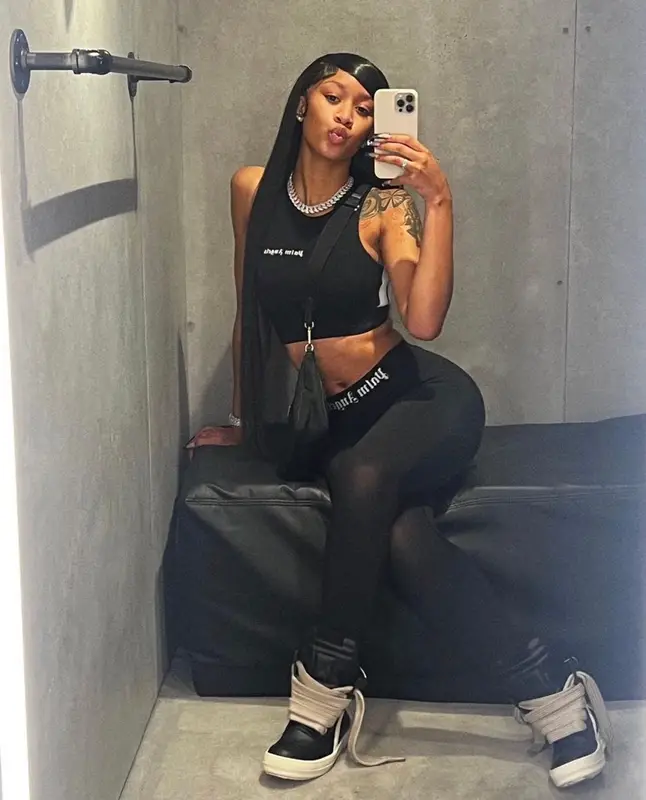 Lakeyah outfit in Palm Angels, Rick Owens, and Prada, 2023